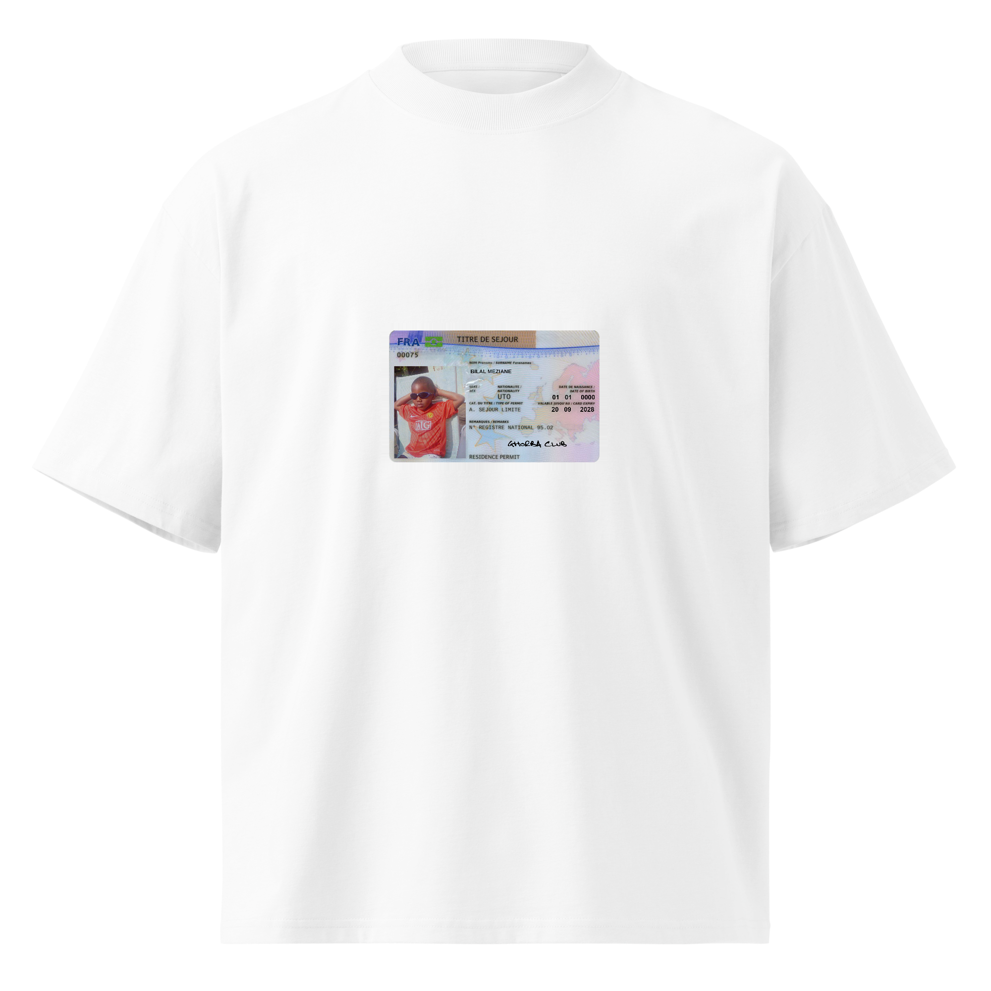 T-shirt blanc GHORBA CLUB, carte de séjour personnalisée avec la photo d'un enfant et un nom